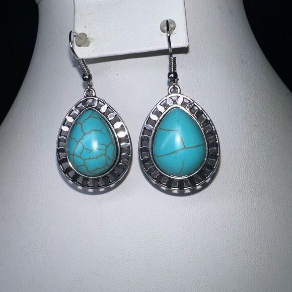 Silver Tone And Faux Turquoise Dangle Earrings - Picture 2 of 6
